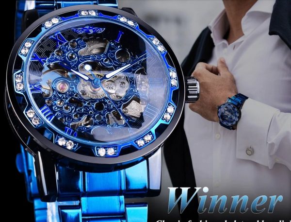 Часы премиум Winner с бриллиантами синий